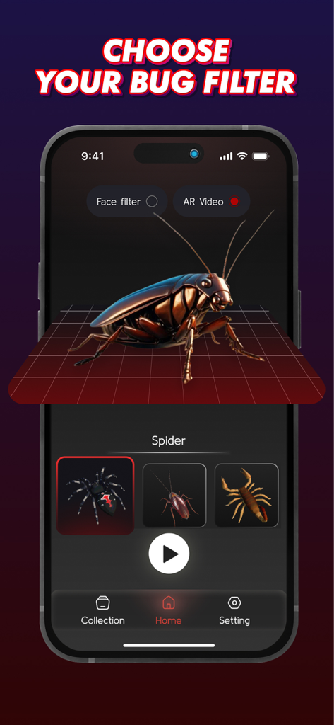 Pantalla de smartphone mostrando el menú de selección de insectos para la aplicación de bromas con filtro de araña AR
