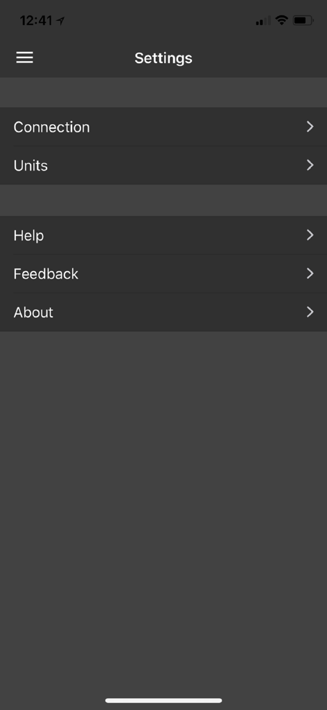 Dr. Prius / Dr. Hybrid - The settings menu of the Dr. Prius app showing options for connection, units, and help.