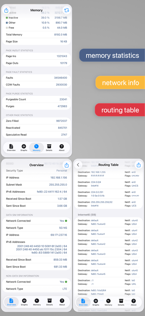 System Status Pro: hw monitor - System Status Pro app screens showing memory statistics, network info, and routing table data