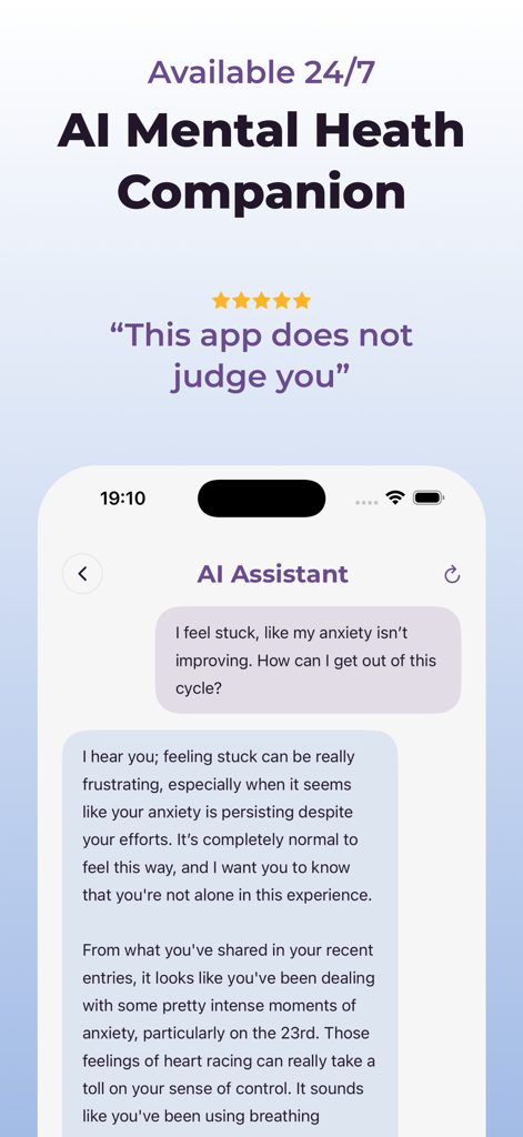 Anxiety Tracker: Mood Journal - Pantalla de chat del asistente de salud mental de IA dentro de la aplicación Rastreador de Ansiedad.