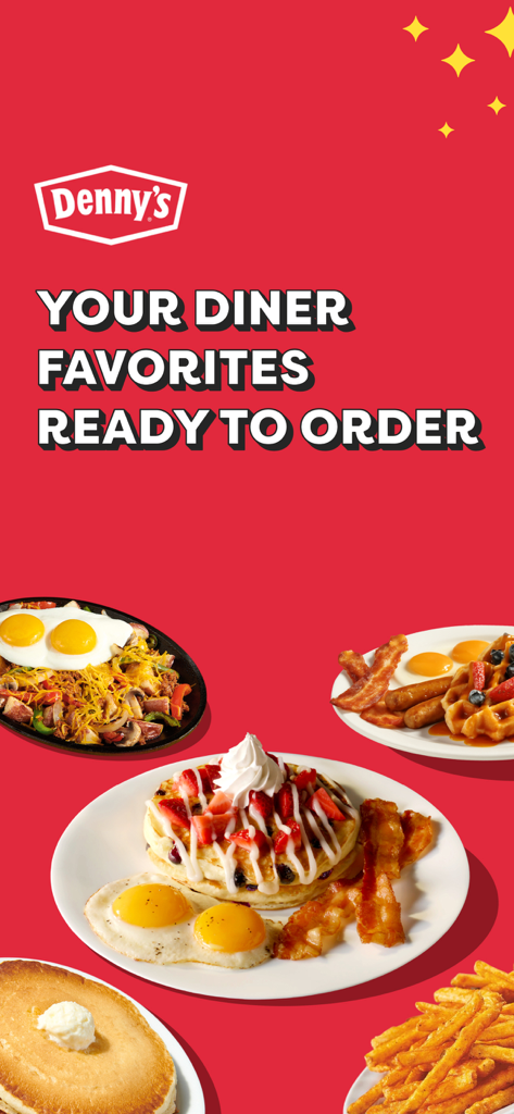 Denny's app promotional screen displaying various breakfast plates including pancakes, eggs, and bacon on a red background with the text Your Diner Favorites Ready to Order.
