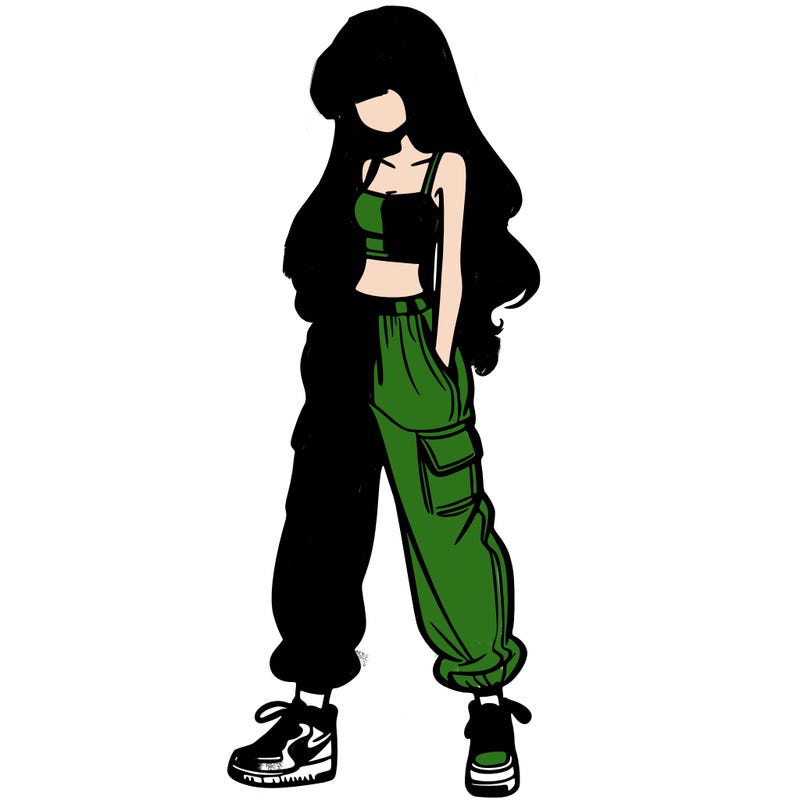girl in baggy pants crop top and long hair