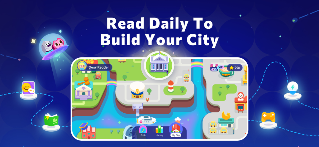 Reading Stars: Books for Kids - Reading Stars app showing a gamified city map where kids earn rewards for reading