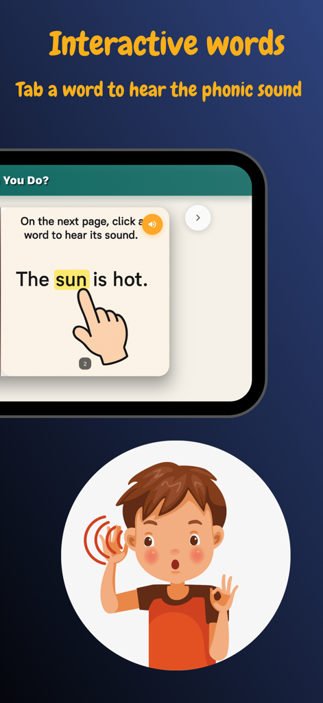 Captura de pantalla de la aplicación Lectores Decodificables que muestra sonidos de palabras interactivos donde un niño puede tocar una palabra como 'sol' para escuchar su pronunciación fonética.