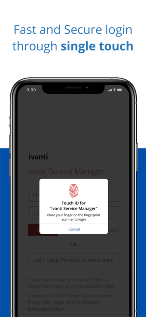 Ivanti Neurons for ITSM & ITAM - Pantalla de inicio de sesión de la aplicación Ivanti Neurons con una solicitud de autenticación biométrica Touch ID