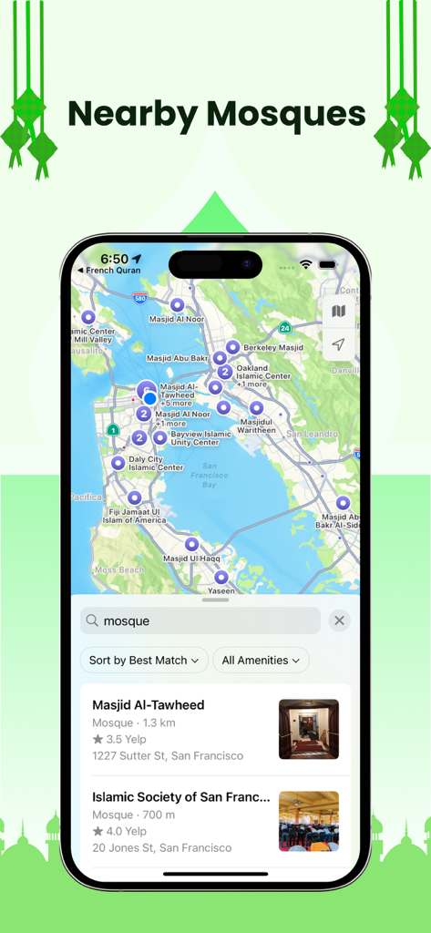‎Le Coran en Français - サンフランシスコ近郊のモスクの場所を表示するフランス語版コーランアプリのマップインターフェース