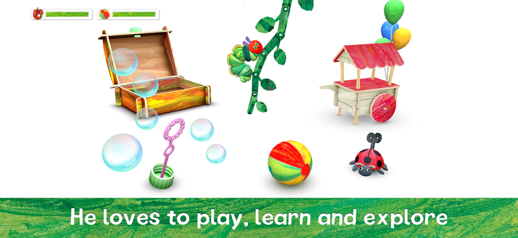 My Very Hungry Caterpillar - The Very Hungry Caterpillar surrounded by interactive toys including a treasure chest bubbles a ball and a ladybug