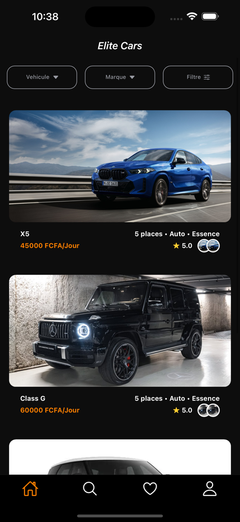 Elite Cars - BMW X5 및 Mercedes G-Class와 같은 고급 렌탈 차량과 세네갈의 일일 가격 및 등급을 표시하는 엘리트 카 앱 인터페이스.
