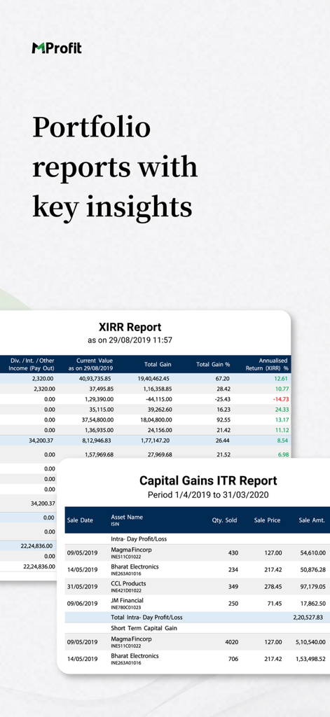 MProfit - MProfit app screenshot showing detailed portfolio reports including XIRR and Capital Gains data