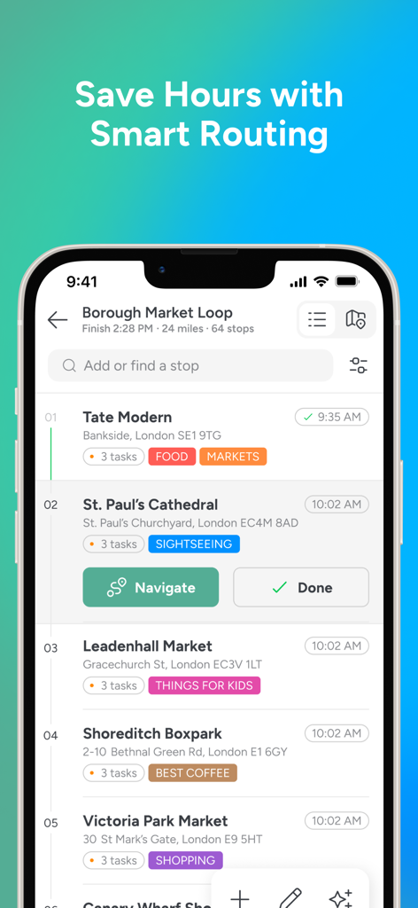 Pin Drop - Places That Matter - Pin Drop app screen showing a multi-stop route itinerary with smart routing optimization