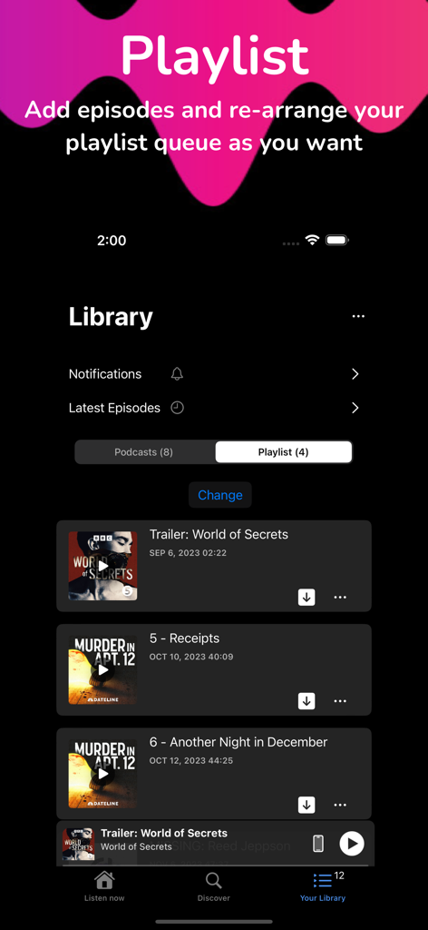 Pods- Podcast Player - Interface of the Pods app showing the library and a podcast playlist queue.