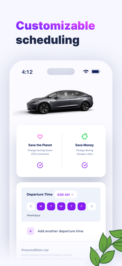 Optiwatt app interface showing customizable EV charging schedules to save money and reduce carbon emissions
