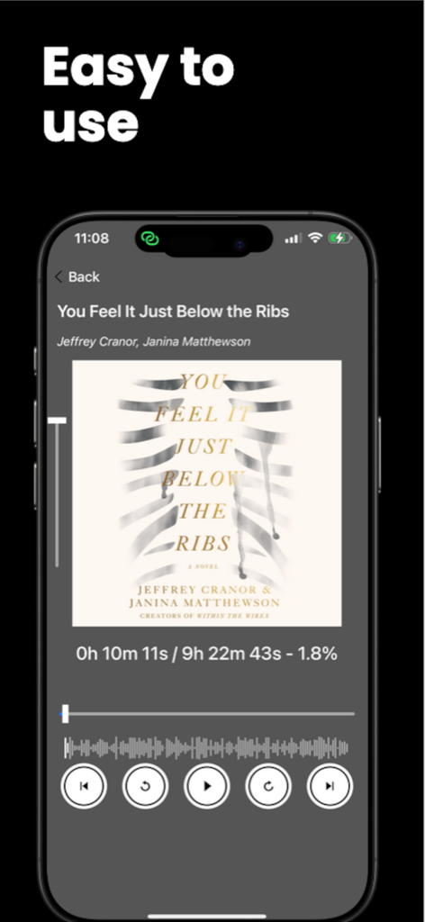 Screenshot of Tiny Audiobook Player showing the playback screen with a clean minimalist interface and audiobook cover art