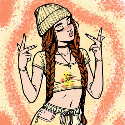 realistic teenage girl with braids and a beanie and crop top doing 🫶🏼
