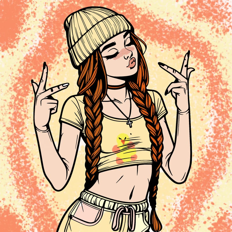 realistic teenage girl with braids and a beanie and crop top doing 🫶🏼