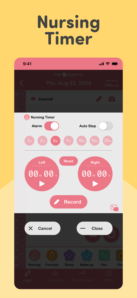 Nursing timer screen in the PiyoLog app with separate tracking for left and right sides