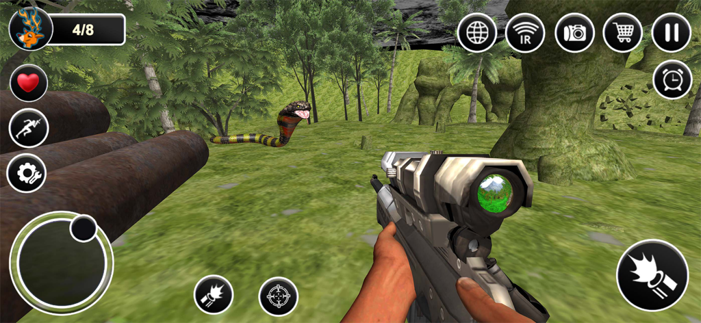 Snake Hunter Sniper 3D - Vista en primera persona de un rifle de francotirador apuntando a una serpiente cobra en un entorno de jungla 3D