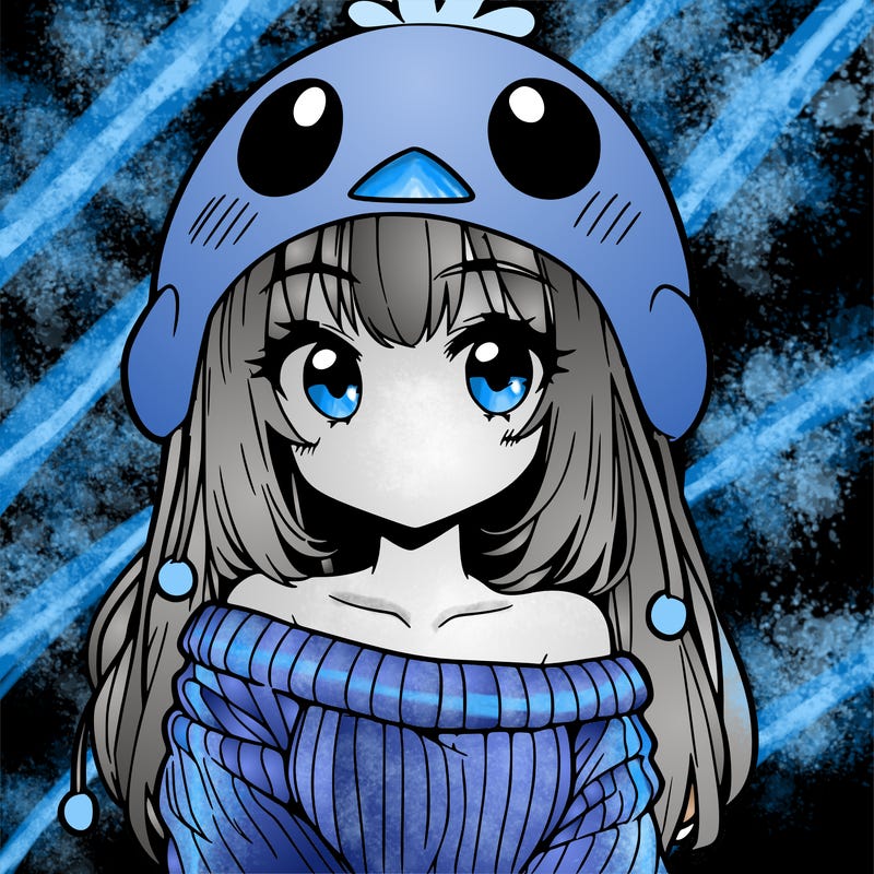 anime girl with chick shaped hat with sweater with bare shoulders with bangs covering them one eye with low tail