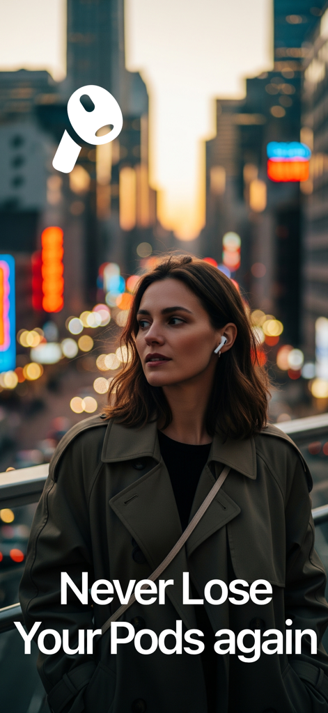 Bluetooth Device Finder • BLE - Promotional image for a Bluetooth tracking app with text Never Lose Your Pods again.