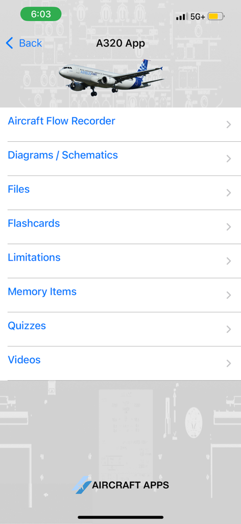 iAIRBUS A320 Type Rating Prep - Main navigation menu of the iAIRBUS A320 pilot training app displaying study modules.