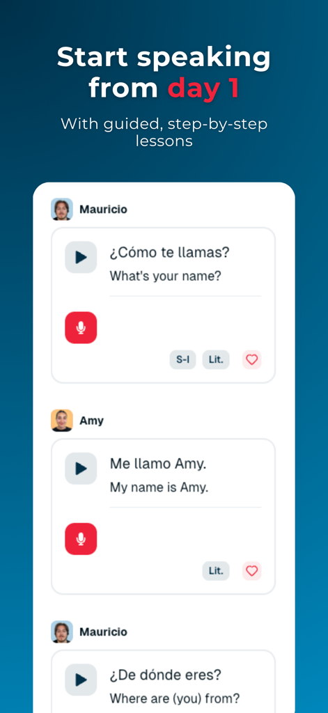 Rocket Languages - Rocket Languages app interface showing a guided Spanish conversation lesson with audio playback and voice recognition icons