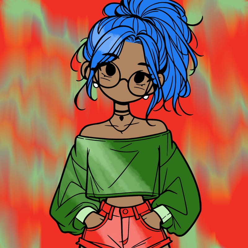 girl with a messy ponytail glasses a baggy crop top and jean shorts