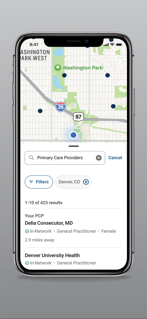 Mobile app screen showing search results for in-network primary care providers in Denver on a map.