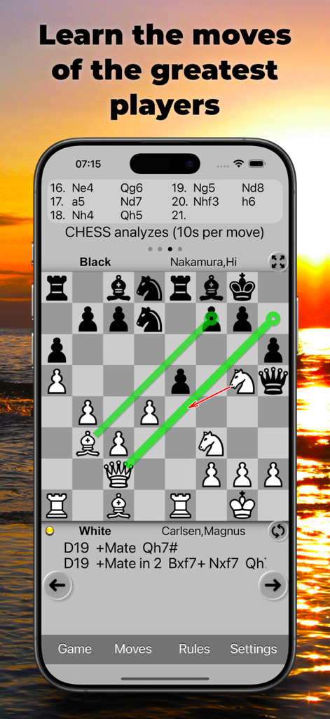 Chess Tiger Lite - Captura de pantalla de la aplicación Chess Tiger Lite mostrando el análisis de una partida entre Magnus Carlsen y Hikaru Nakamura con sugerencias de movimientos visuales.