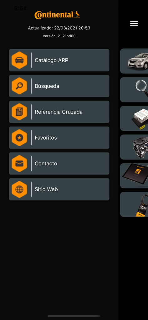 Hauptmenü der Catálogo de Partes Elite App mit Such- und Katalogoptionen