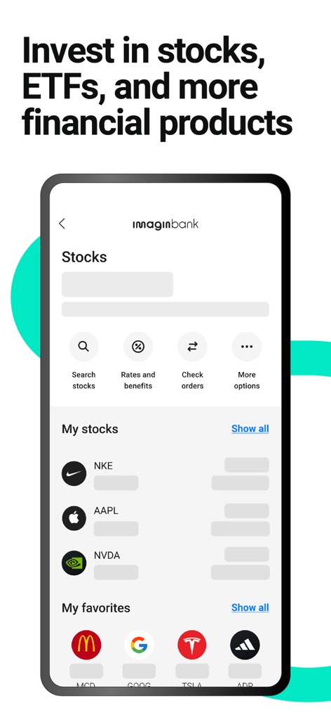 Schermata dell'app di banca mobile imagin che mostra le funzionalità di investimento in azioni ed ETF