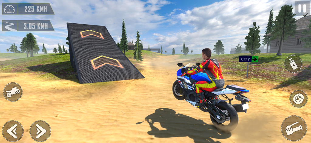 Racing Rider: Moto Bike Games - Un piloto de moto haciendo un caballito en una pista de tierra acercándose a una rampa de acrobacias en Racing Rider Moto Bike Games