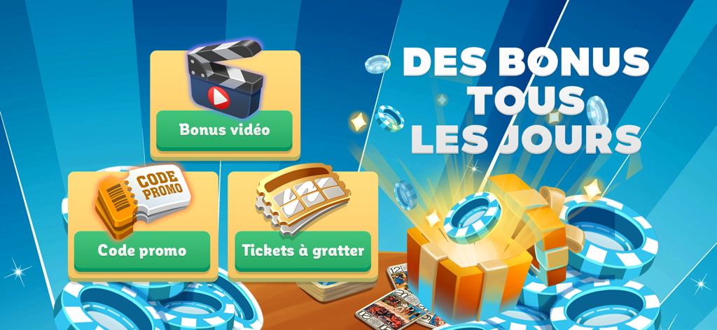 Menu des récompenses quotidiennes dans l'application Exoty Tarot comprenant des jetons bonus et des cartes à gratter