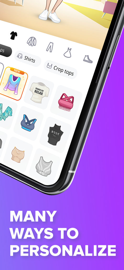 Mirror: Emoji & Avatar Maker - Ein Smartphone-Display, das verschiedene Kleidungsoptionen zur Personalisierung eines digitalen Avatars in der Mirror-App zeigt
