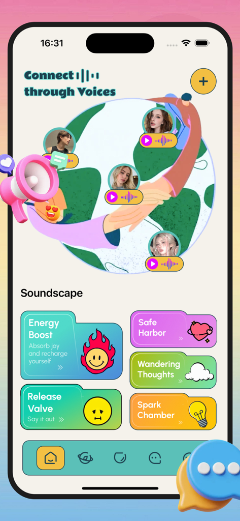 Joliy - Adult & Online Chat - Joliy app interface showing the Soundscape section with voice connection features