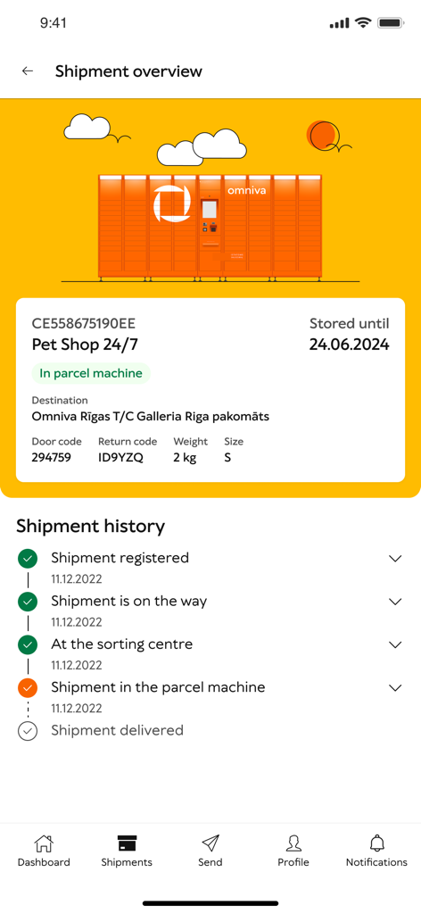 Omniva Mobile - Omniva Mobile app screen showing shipment overview with tracking history and parcel machine delivery status