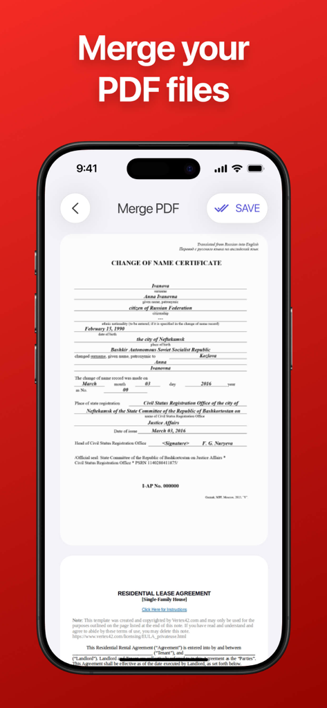 ドキュメントプレビューが表示されたPDFファイルの結合機能を示すモバイルインターフェース