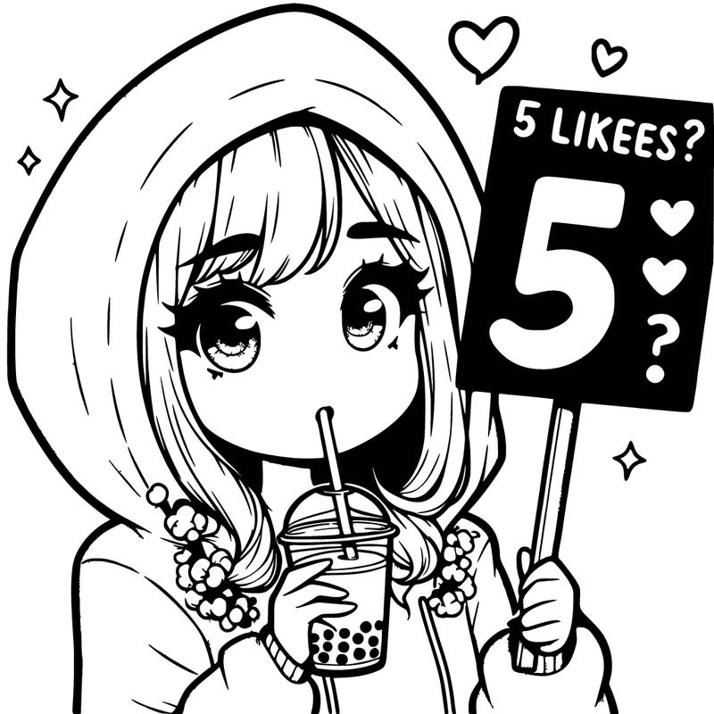 girl with over sized hoodie drinking boba with a sign that says 5 likes?