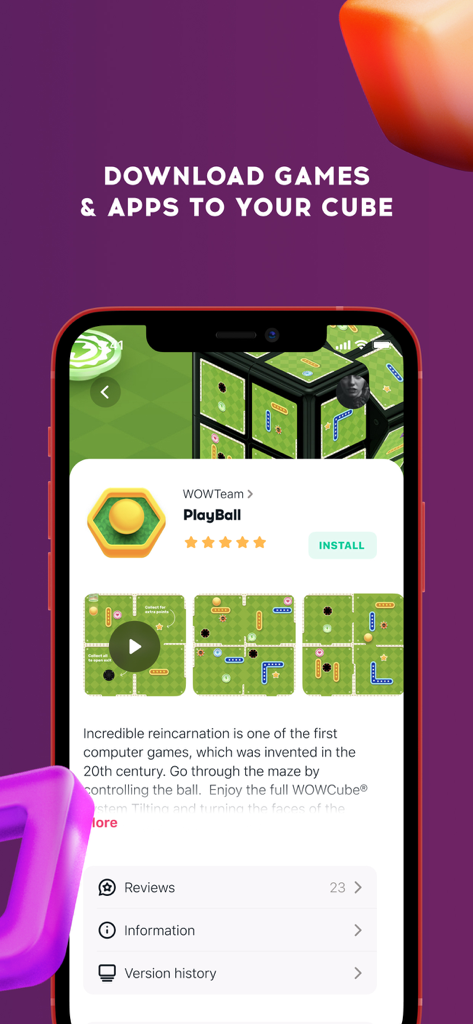 Interfaz de la aplicación WOWCube Connect mostrando una página de descarga de juegos para PlayBall.