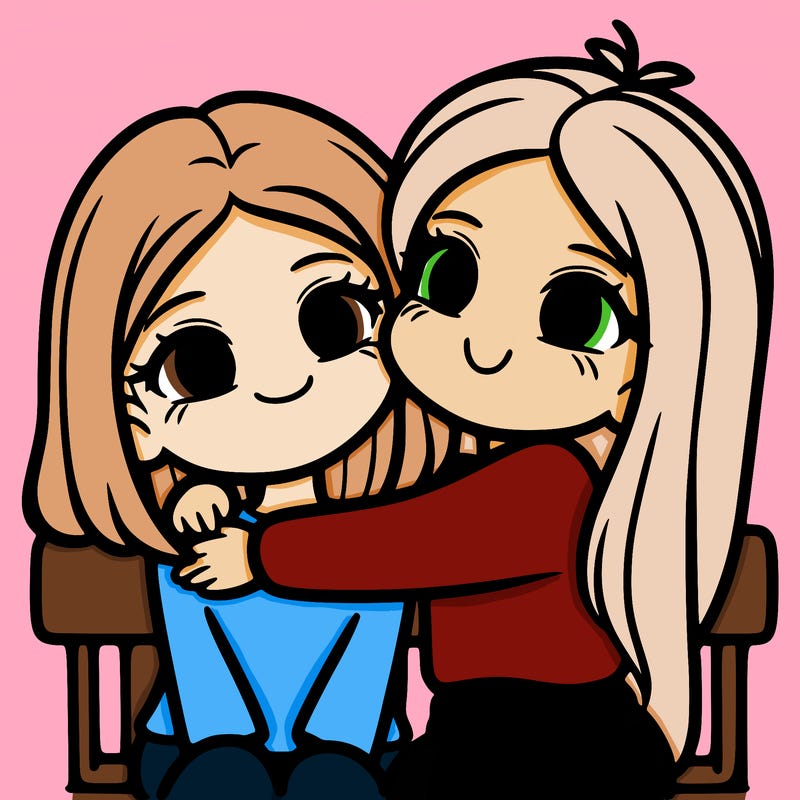 2 girls hugging, one girl has short hair the other girl had long hair