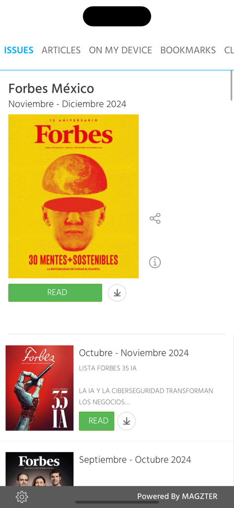 Interfaz de la aplicación móvil de Forbes Mexico mostrando la biblioteca de ediciones digitales con números actuales y pasados.