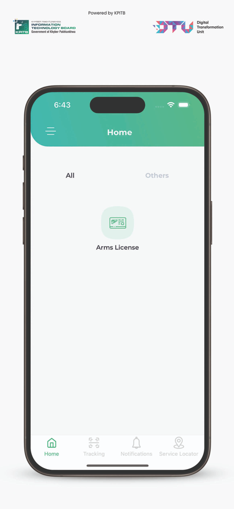 Dastak App - Dastak app home screen interface displaying government services including arms license application.