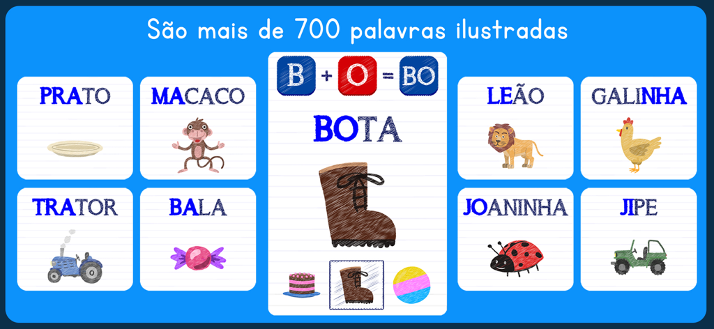 Silabando - Interfaz educativa de la aplicación Silabando que muestra palabras e ilustraciones en portugués para el aprendizaje de sílabas.