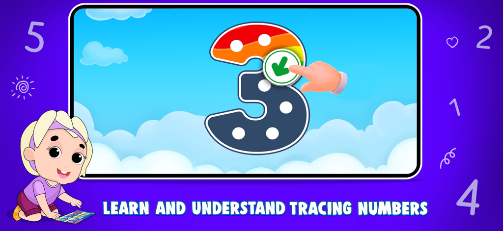 A child character in the Kids Number Games app learning to trace the number three