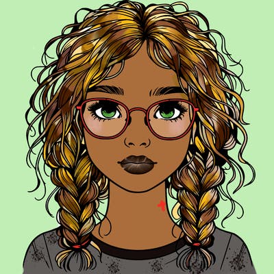 realistic girl with glasses and frizzy hair in braids