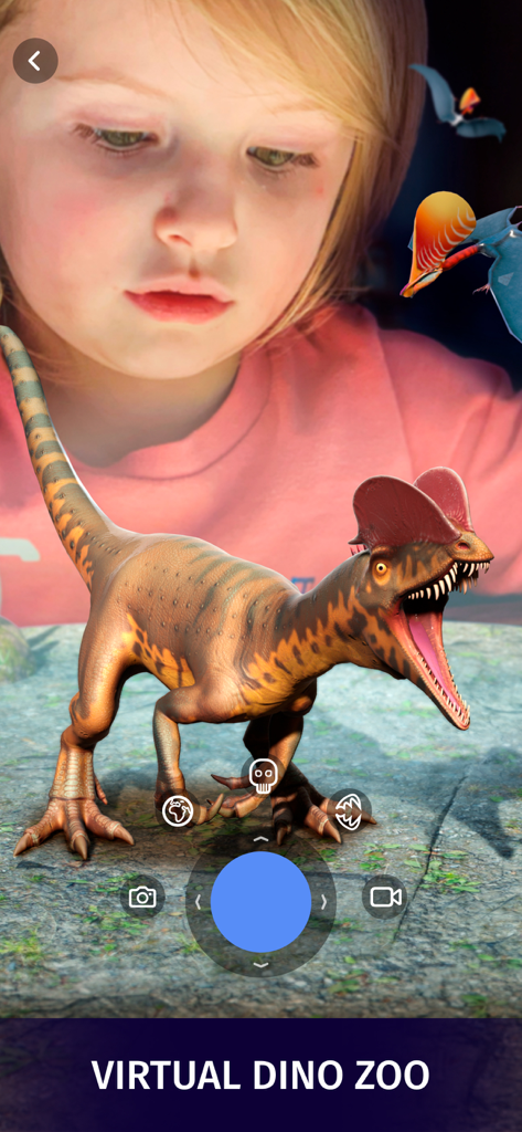 Dinosaur World Alive AR: Facts - A young girl observing a realistic 3D dinosaur through augmented reality in a virtual zoo app
