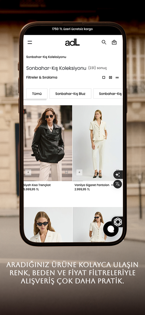 adL - Fashion - Interfaccia dell'app adL Fashion che mostra la collezione Autunno-Inverno con filtri di ricerca ed elenchi di prodotti.