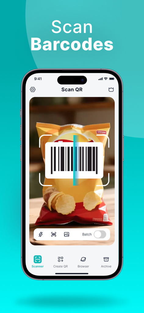 QR Code Reader & Scanner・ - iPhone screen displaying the QR Code Reader app scanning a barcode on a bag of chips with a Scan Barcodes heading