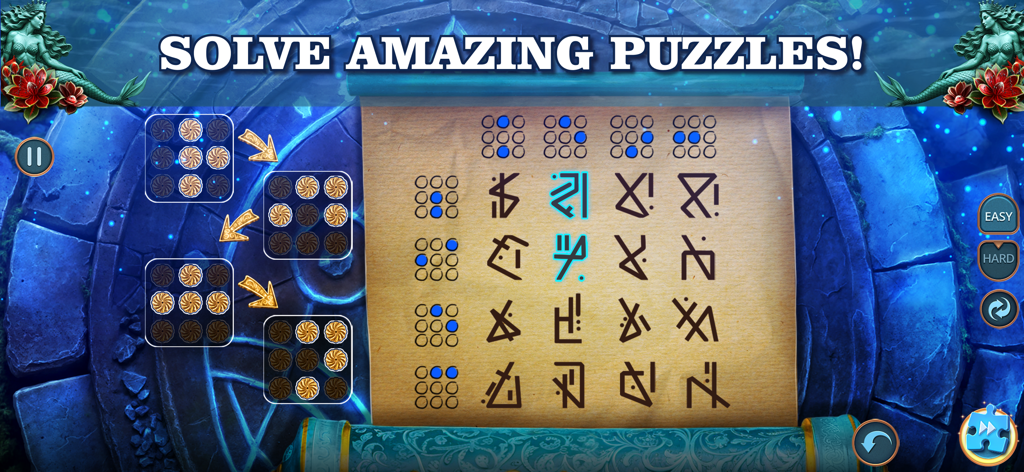 Hidden Objects: Journey F2P - Pantalla de juego que muestra un rompecabezas lógico con símbolos antiguos en un pergamino en Objetos Ocultos: Viaje