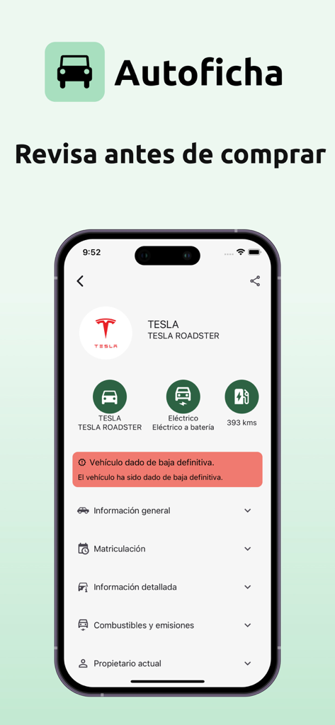 Autoficha - Informe DGT - Schermata dell'app Autoficha che mostra un report della storia del veicolo per una Tesla Roadster con un avviso di cancellazione della registrazione
