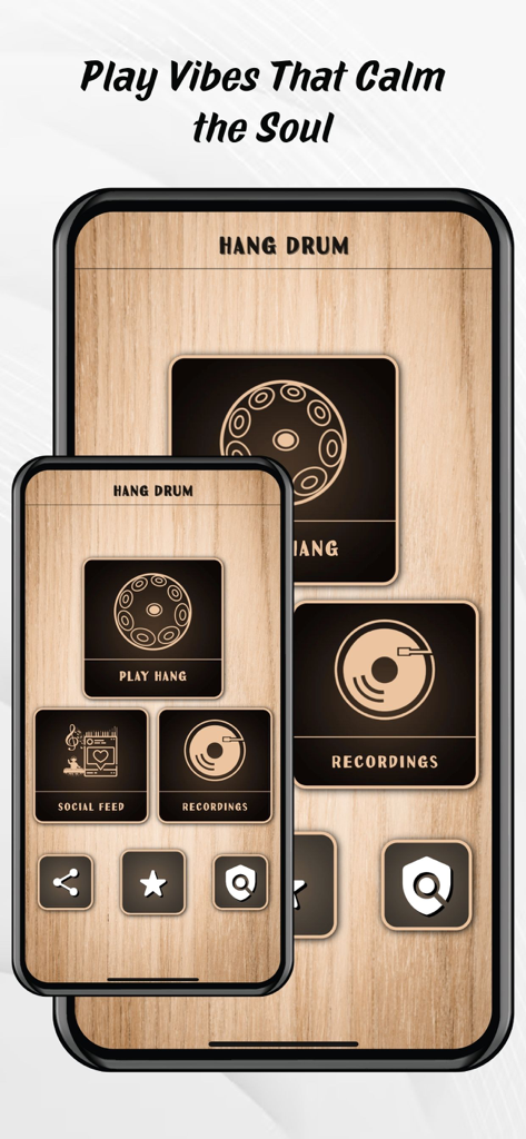 Menú principal de la aplicación Hang Drum Instrument mostrando opciones de tocar hang y grabaciones sobre un fondo de veta de madera